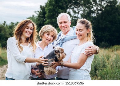 An Elderly Couple Walks With Adult Daughters In Nature. Mature Couple Walking In The Forest With A Dog. A Family In White T-shirts And Jeans Is Walking In The Park. Family Communicates Outdoors