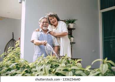 Elderly Couple Watering A Flower In Home Garden