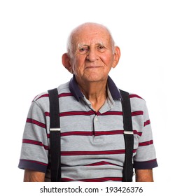 Elderly Eighty Plus Year Old Man In A Studio Portrait On A White Background.