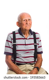 Elderly Eighty Plus Year Old Man In A Studio Portrait On A White Background.