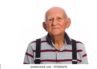 Elderly Eighty Plus Year Old Man In A Studio Portrait On A White Background.