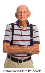 Elderly Eighty Plus Year Old Man In A Studio Portrait On A White Background.