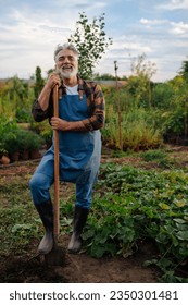 Elderly farmer posing for the camera after he is done digging with a shovel in his garden and smiling