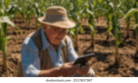 An elderly farmer uses a tablet while sitting in a lush cornfield. The integration of modern technology with traditional farming emphasizes innovation in agriculture - Powered by Shutterstock