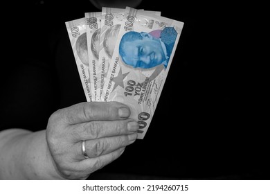 An Elderly Farmer Woman Holding Money Representing The Economic Crisis In Turkey. Representing The Depreciation Of The Turkish Lira