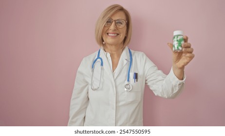 Elderly female doctor smiling, holding a medicine bottle while standing against a pink background. - Powered by Shutterstock