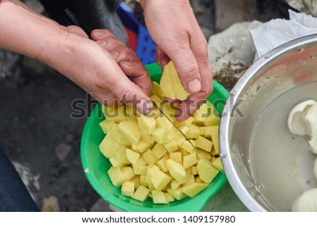 Elderly female hands slicing potatoes in a plastic container.