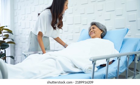 Elderly Female Patient Resting In Bed In The Patient Room Her Daughter Came To Visit And Encourage. Daughter Of An Elderly Woman Patient Lifting The Bed Guard To Prevent Falling Out Of Bed.