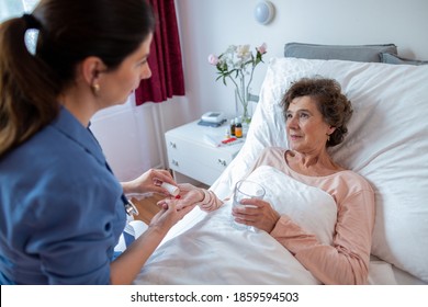 Elderly Female Patient Taking Pills from Home Caregiver. Nurse Giving Medication to Senior Woman Lying in Bed in Hospital.