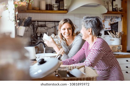 An elderly grandmother with an adult granddaughter at home, washing the dishes. - Powered by Shutterstock