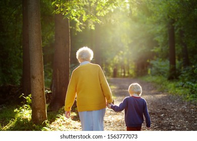 Elderly grandmother and her little grandchild walking together in sunny summer park. Grandma and grandson. Two generations of family.