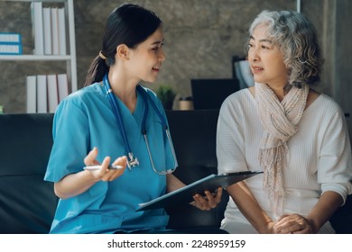 Elderly health checkups with a physician or psychiatrist who works with patients who are consulted about female or psychiatric diagnosis in a medical clinic or hospital mental health service. - Shutterstock ID 2248959159