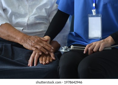 Elderly Hospice Elderly Care: Elderly Patients Get Visited by Asian Female Physicians. Shake hands and talk in the hospital