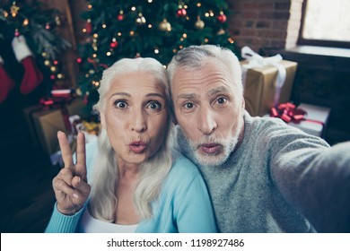 Elderly husnabd wife. Self-portrait of nice adorable beautiful cheerful married spouses wife husband granny and grandpa eve noel december in house showing v-sign pouted lips air blow kiss fun joy - Powered by Shutterstock