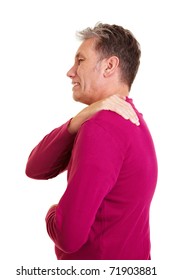 Elderly Man With Back Pain Holding His Aching Shoulder