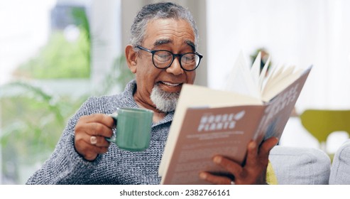 Elderly man, book and coffee on sofa with smile, reading or relax in retirement in home living room. Senior african person, literature and happy with tea for knowledge, thinking and drink on couch - Powered by Shutterstock