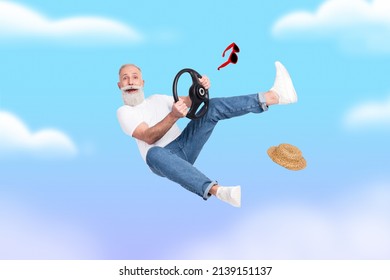 Elderly man cant drive car got accident levitating free fall with steering wheel stupid idiot facial expression graphic illustration image picture