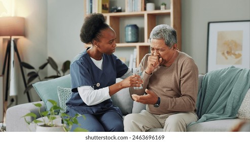 Elderly, man and coughing with nurse for healthcare with water, consultation support or chest pain. Senior patient, caregiver or sick with lung cancer, breathing problem or discomfort in nursing home - Powered by Shutterstock