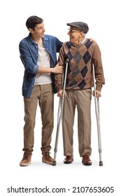 Elderly Man With Crutches And A Young Man Standing And Looking At Each Other Isolated On White Background