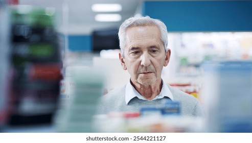 Elderly man, drugs or shopping in pharmacy for medicine, wellness or thinking for supplement choice. Senior customer, vitamins or looking at chemist shelf for pharmaceutical, product or reading label - Powered by Shutterstock