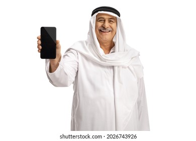 Elderly Man In Ethnic Wear Showing A Mobile Phone Isolated On White Background