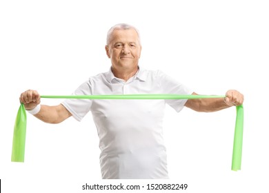 Elderly Man Exercising With A Rubber Band Isolated On White Background