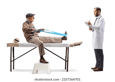 Elderly man exercising with a stretch band and sitting on a therapy bed and a doctor writing a document isolated on white background - Powered by Shutterstock