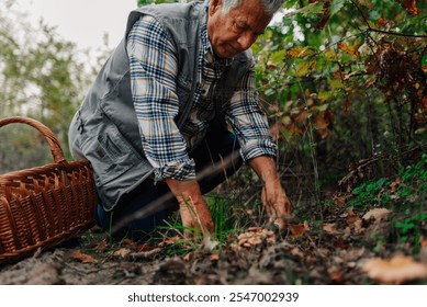 Elderly man foraging for mushrooms in autumn forest, enjoying outdoor activity and harvesting natural food - Powered by Shutterstock