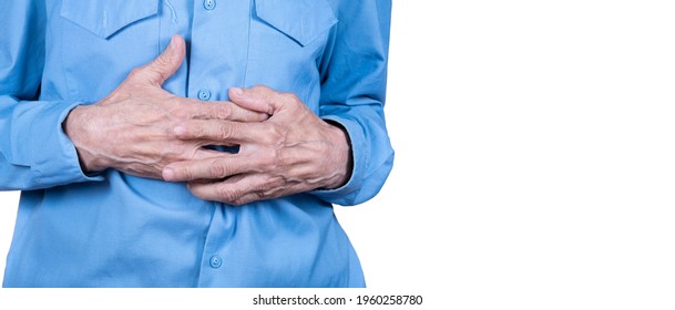 Elderly Man Hands Holding Stomach, Suffering From Stomachache Isolated On White Background. Copy Space.