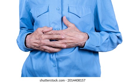 Elderly Man Hands Holding Stomach, Suffering From Stomachache Isolated On White Background.