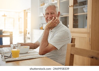 Elderly, man and happy with portrait at breakfast in dining room for nutrition. healthy meal and retirement. Senior, person and smile in home with cereal, relax and morning routine in apartment - Powered by Shutterstock