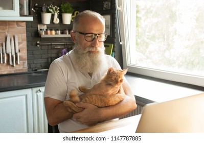 Elderly Man With His Cat Working On Laptop, Smiling, Looking At Screen.