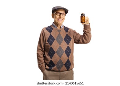 Elderly Man Holding A Bottle Of Pills And Smiling Isolated On White Background