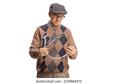 Elderly Man Holding A Steel Hose With Water Tap Isolated On White Background