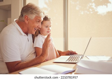 Elderly Man, Laptop And Child On Video Call Speaking And Waving While Relaxing In The Family Home. Happy, Smile And Grandfather And Little Girl Greeting On A Virtual Call With A Computer In The House