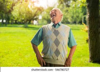 Elderly man is laughing. Person on park background. Share good mood with others. Humor and jokes.