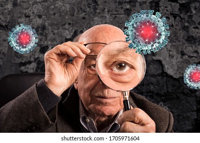 Elderly Man Looks With Magnifier A Covid19 Coronavirus