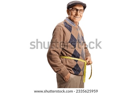 Elderly man measuring waist with a tape isolated on white background