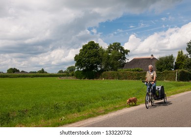 Elderly Man On Bicycle In Holland With Walking Dog