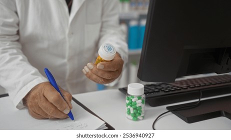 An elderly man in a pharmacy writes a prescription while holding medication, with a keyboard and pills on the counter. - Powered by Shutterstock