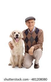 Elderly Man Posing Together With A Labrador Retriever Dog Isolated On White Background 