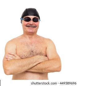 Elderly man is preparing to swim. On his head wearing a special cap and glasses - Powered by Shutterstock