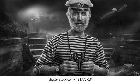 Elderly man sailor with binoculars on background of ocean