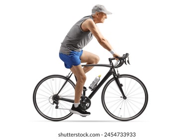 Elderly man in sportswear riding a bicycle isolated on white background - Powered by Shutterstock