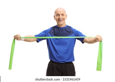 Elderly Man In Sportswear Stretching A Rubber Band Isolated On White Background