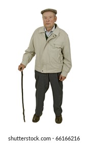 An Elderly Man Walking Stick Isolated On White.