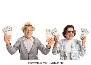 Elderly Man And Woman Holding Money And Smiling Isolated On White Background