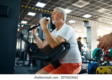 Elderly Man, Workout On Exercise Machine In Gym