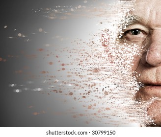 Elderly Man's Face Falling Apart. Aging Concept