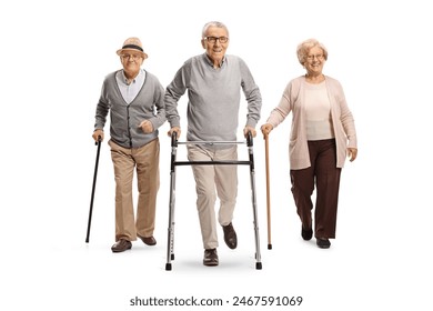 Elderly men and a woman walking with a walker and canes isolated on white background - Powered by Shutterstock